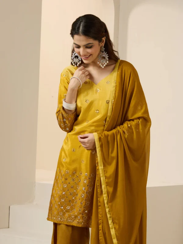 Graceful Mustard Poly Silk Foil Printed Straight Fit Kurta Set with Palazzo and Dupatta